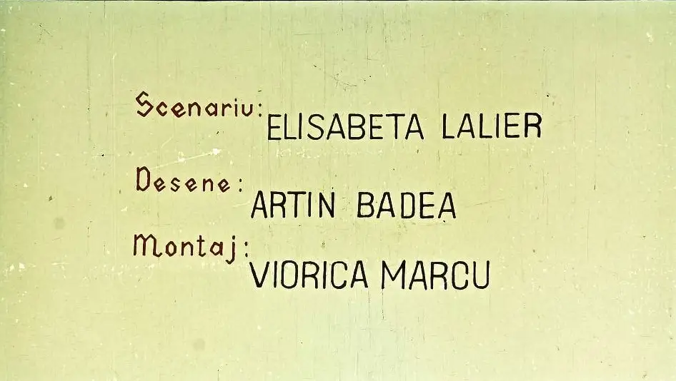 Text pe fundal deschis care enumeră echipa de creație: scenariu, desene și montaj.