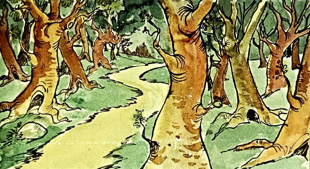 Imagine ilustrează o cărare într-o pădure, cu copaci și vegetație, însoțită de un text despre bucuria călătoriilor.