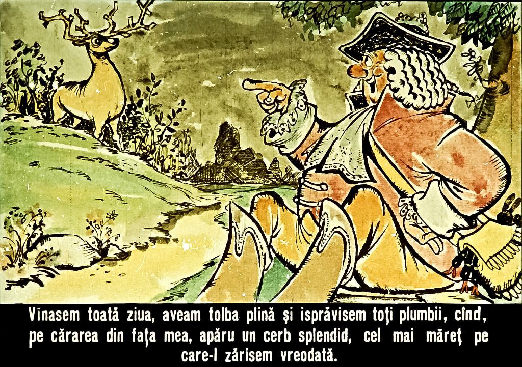 Ilustrație cu un vânător și un cerb în natură, având un text descriptiv în partea de jos.
