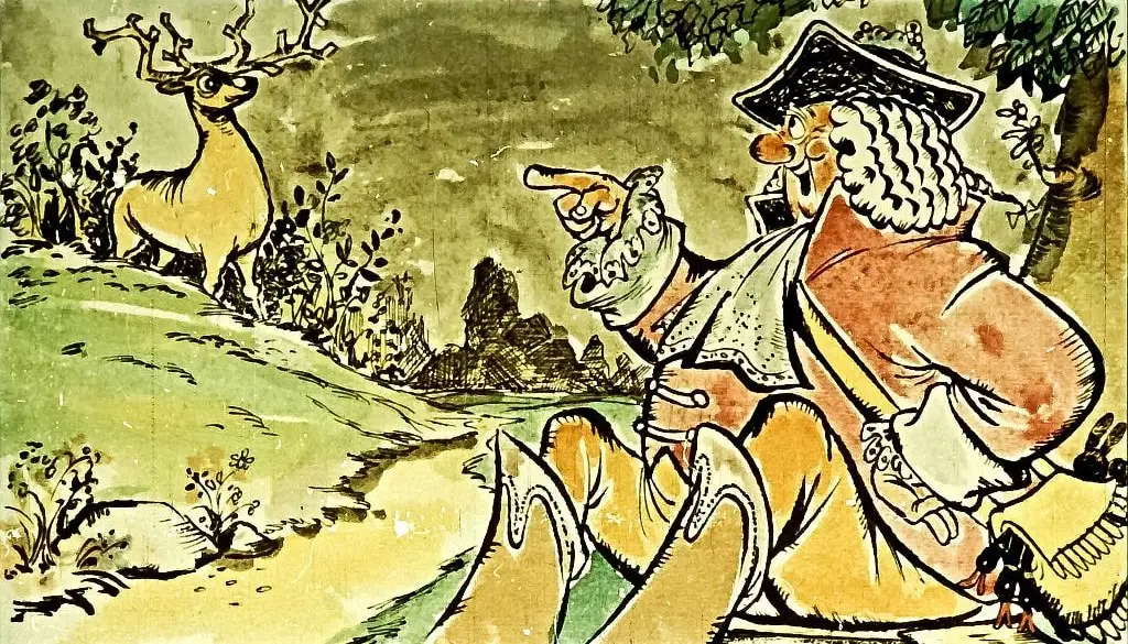 Ilustrație cu un vânător și un cerb în natură, având un text descriptiv în partea de jos.