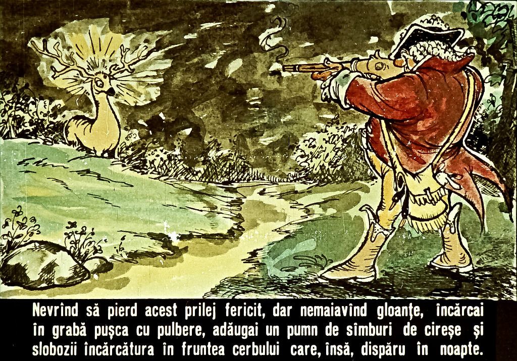 Ilustrație cu un vânător care trage spre un cerb, însoțită de un text despre o experiență de vânătoare.