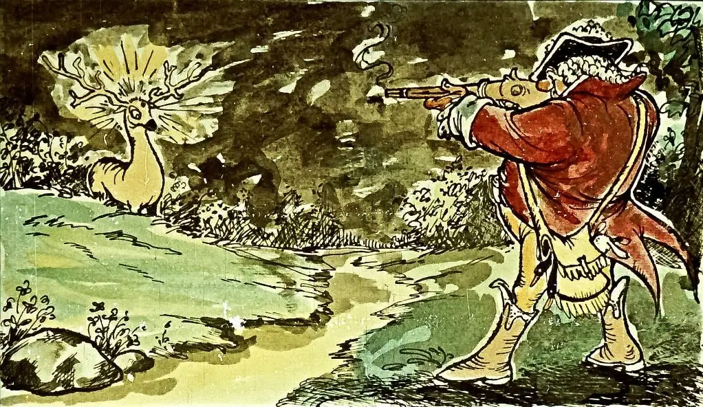 Ilustrație cu un vânător care trage spre un cerb, însoțită de un text despre o experiență de vânătoare.