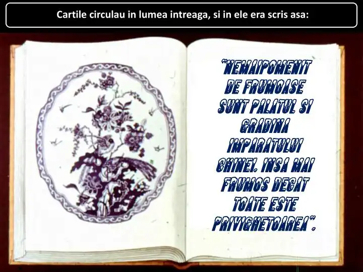 O carte deschisa cu un citat despre frumusețea grădinii împăratului Chinei.