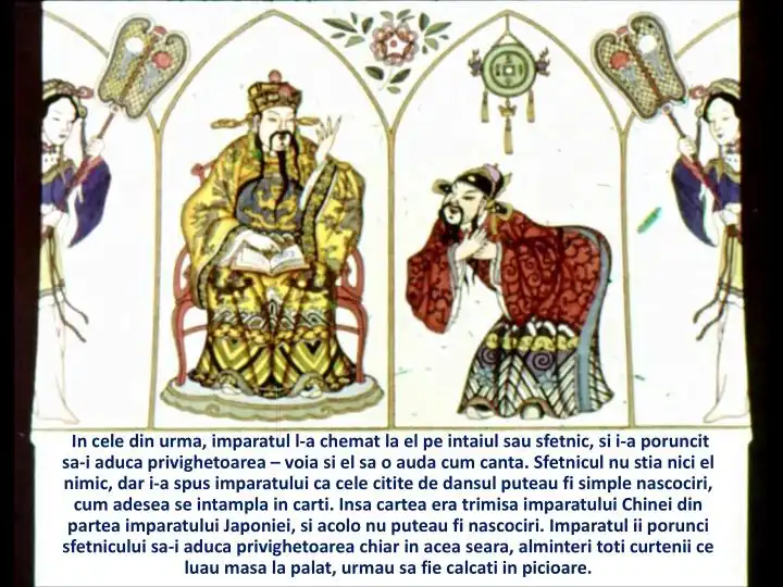 Imagine care ilustreaza o scena dintr-o poveste cu un imparat si sfetnicul sau, axata pe o discutie despre o privighetore.