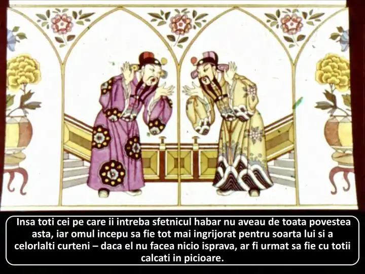 Ilustrație cu doi personaje tradiționale, îmbrăcate elegant, care discută îngrijorați în fața unei arhitecturi ornamentale.