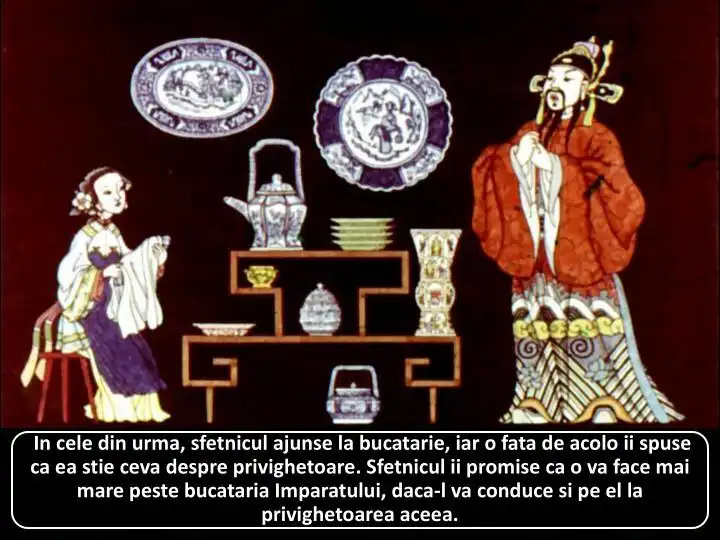 Ilustrație cu un sfetnic și o femeie într-o bucătărie, discutând despre o privighetoare.