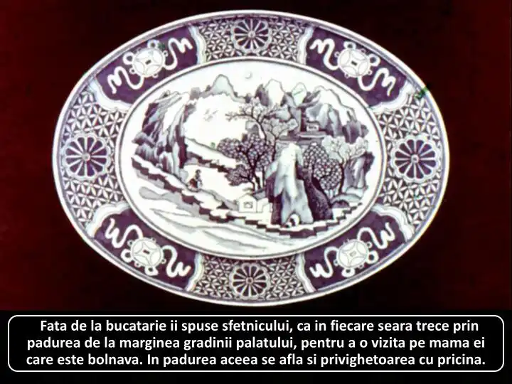 Ilustrație a unei farfurii decorative cu un peisaj montan, având un text despre o fată care vizitează mama bolnavă.