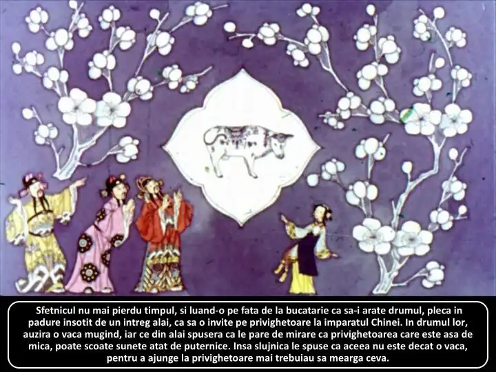 Ilustratie cu personaje traditionale intr-un peisaj de primavara, discutand despre privighetoare si vaci.