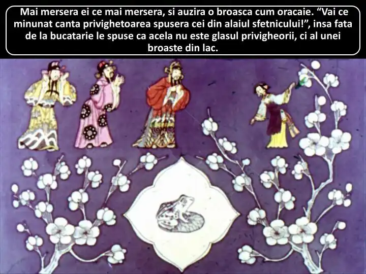O ilustrație colorată cu personaje din poveste, înconjurate de flori, cu un text plasat deasupra care descrie o conversație despre un broască și privighetoare.