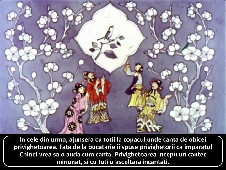 Imagine artistica cu patru personaje, flori albe si un copac, care asculta privighetoarea cum canta.