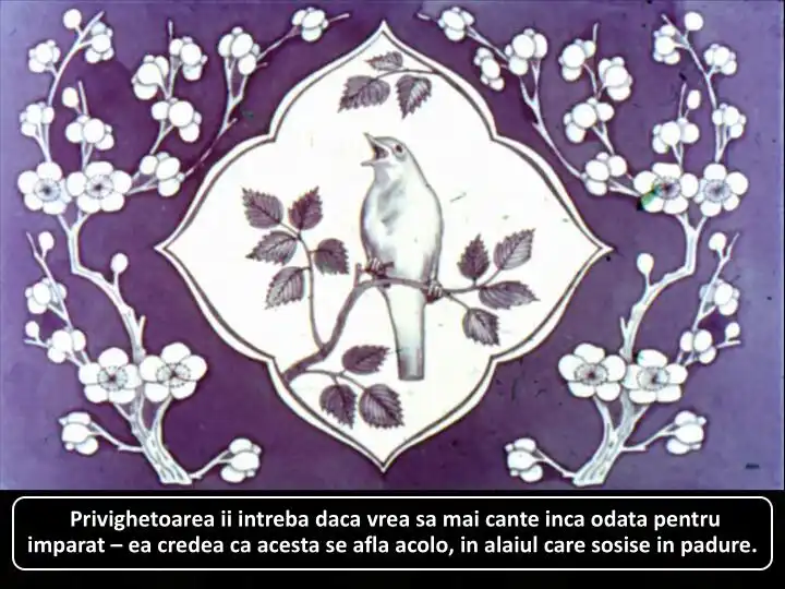 Un desen decorativ cu o pasare si flori, avand text descriind o intrebare a privighetorii.