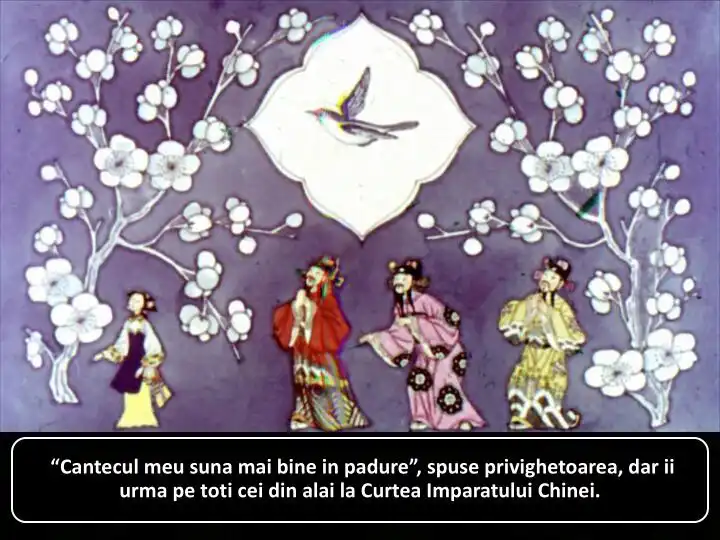 Ilustrație cu personaje tradiționale chineze înconjurate de flori, având un text descriptiv despre o privighetoare.
