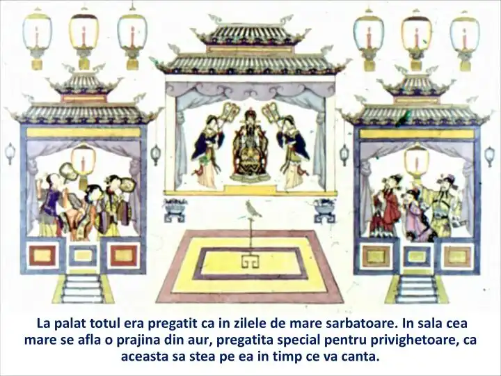 Imagine cu un palat pregatit pentru o sarbatoare, cu scene de oameni si decoruri traditionale.
