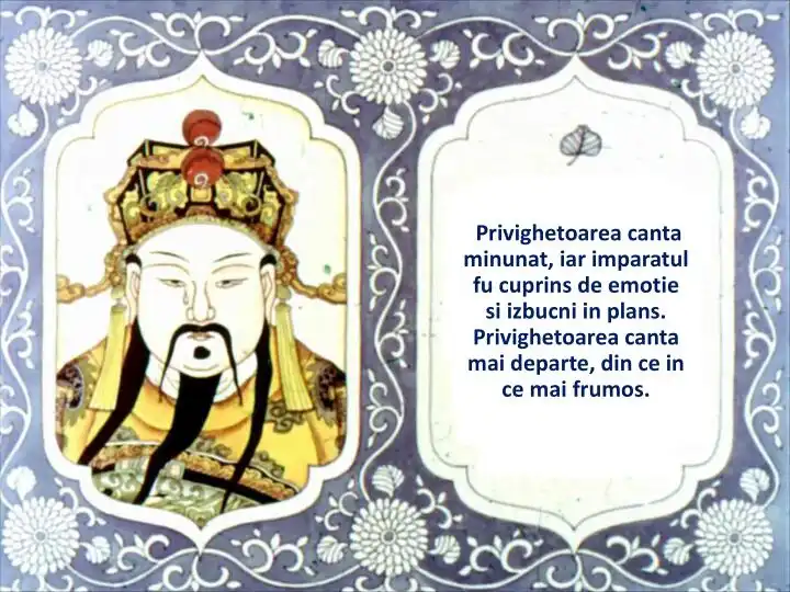 Imagine cu un text în care se vorbește despre o privighetore care cântă minunat și despre emoțiile împăratului.