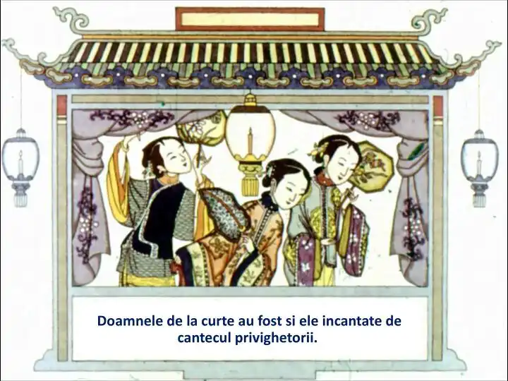 Ilustrație cu doamne de la curte admirând un cântec, cu detalii decorative tradiționale.
