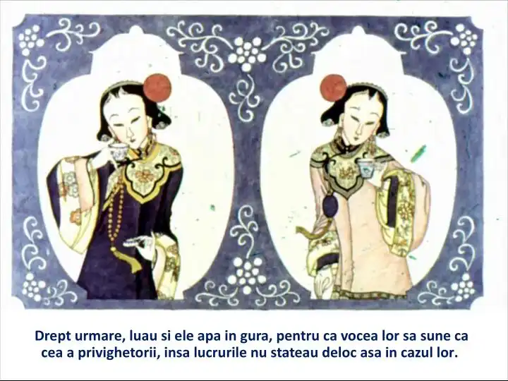 Imagine cu două femei în haine tradiționale care beau apă, cu un text explicativ despre vocea lor.