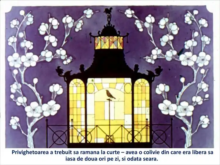 O ilustrație cu un colivie și flori, însoțită de un text despre privighetori.