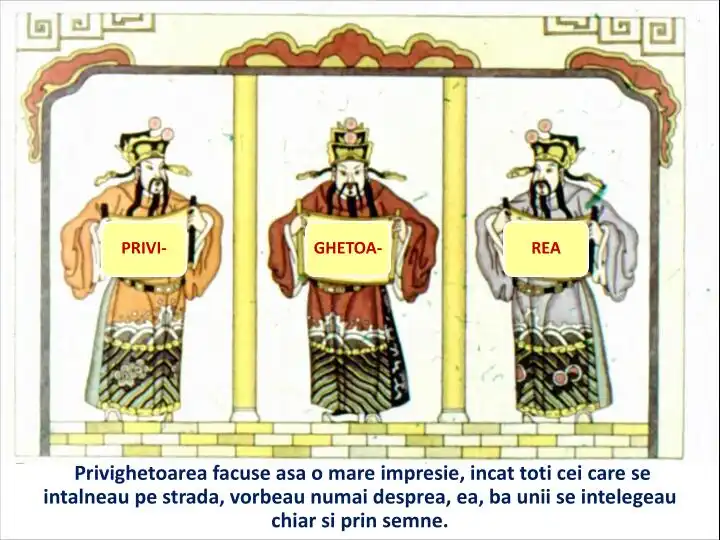Imagine cu trei personaje tradiționale purtând inscripții pe plăci, discutând despre o pasăre cântătoare care a lăsat o impresie puternică asupra comunității.