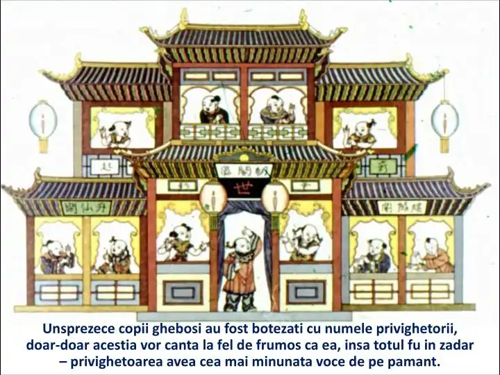 Ilustrație cu un palat chinezesc și personaje animaliere, însoțită de un text despre copii ghebosi care au fost botezați cu numele privighetorilor.