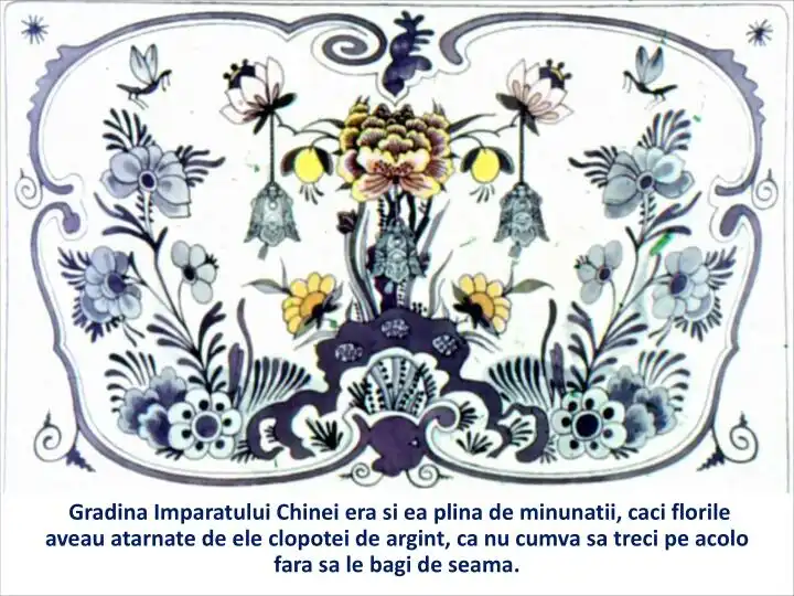 Imagine artistică cu flori și modele decorative, însoțită de un text descriptiv despre Grădina Împăratului Chinei.