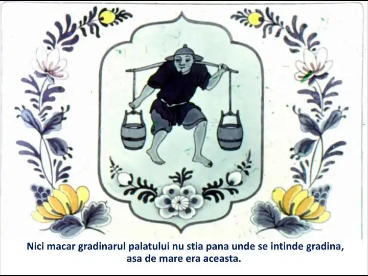 Ilustrație artistică cu un grădinar care poartă găleți, înconjurat de flori, cu text care descrie dimensiunea extraordinară a grădinii.