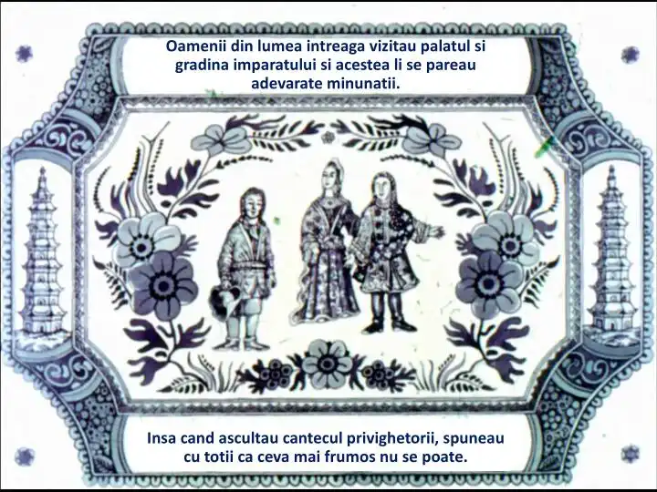 Imagine decorativă cu trei figuri istorice, alături de text referitor la vizitarea palatului și grădinii unui împărat, menționând frumusețea unui cântec.