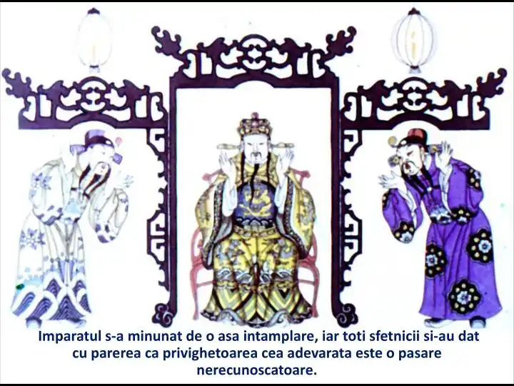 Imagine decorativa cu un imparat si sfetnici, text in limba romana despre o intamplare extraordinara.