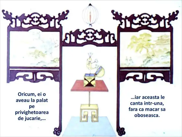 Imagine cu un text scris, care descrie o privighetore de jucarie.