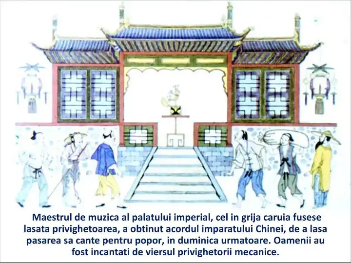 Imagine ilustrativă dintr-o poveste despre maestrul de muzica al palatului imperial și privighetoarea.