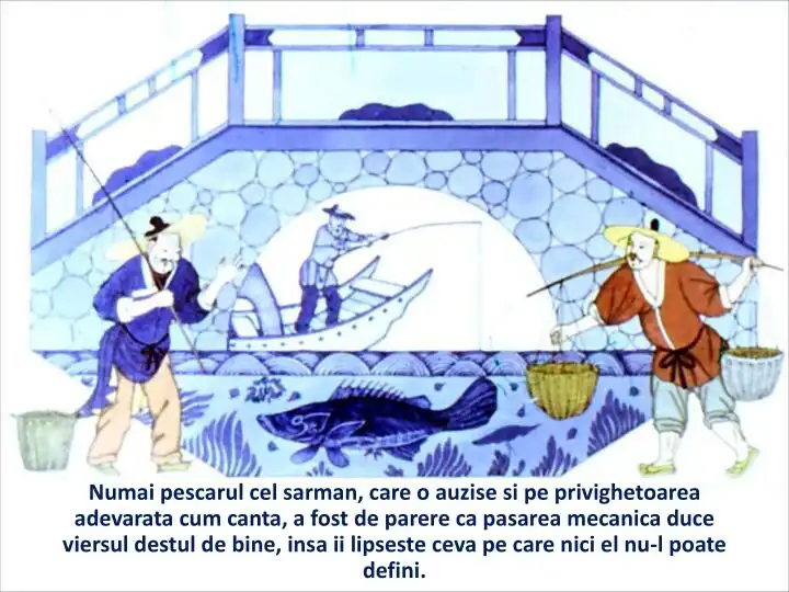 Un peisaj cu un pescar si alti oameni care pescuiesc, cu un text despre pescarul sarman care aude o pasare mecanica.