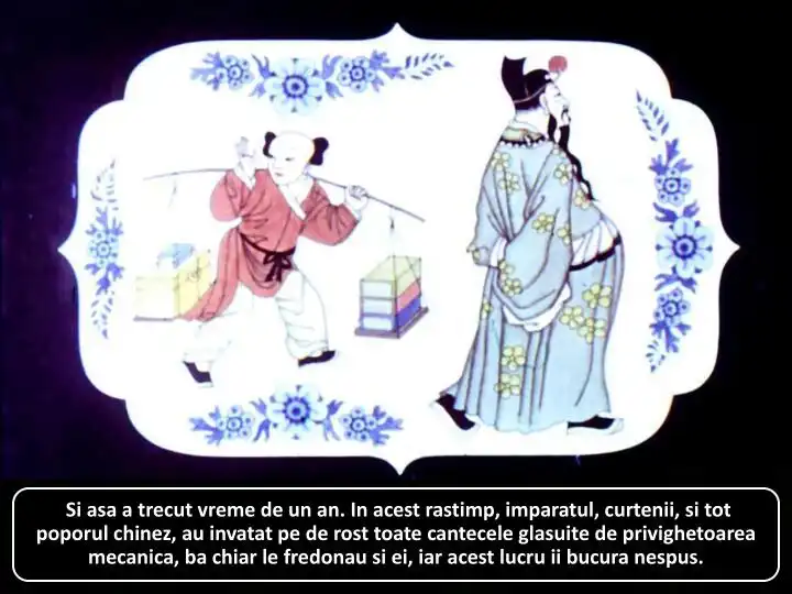 Imagine cu un împărat și o persoană care poartă o căruță, cu text despre trecerea unui an și învățarea cântecelor de către poporul chinez.