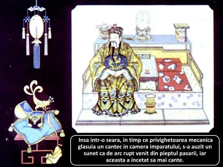 Ilustrație colorată cu o scenă dintr-o poveste, prezentând un împărat și o privighetoare mecanică, pe fundal cu detalii decorative.