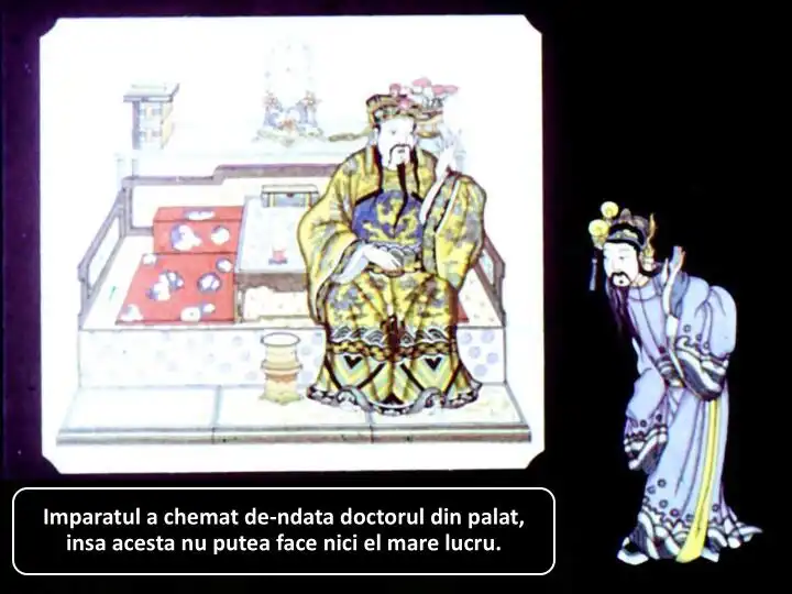 Imagine cu un împărat și un doctor, având un text descriptiv referitor la o situație medicală.