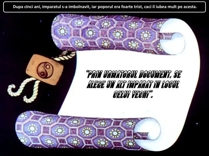 Imagine colorata cu un pergament si un simbol, conținând un text referitor la un împărat bolnav și la alegerea unui nou împărat.