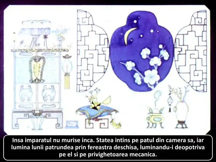 Ilustrație cu un împărat întins pe pat, înconjurat de obiecte decorative, sub lumina lunii care pătrunde prin fereastră.