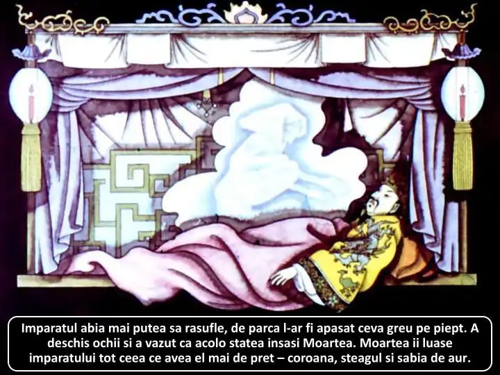 Ilustrație reprezentând un împărat pe un pat, contemplând prezența unui simbol al Morții, cu detalii decorative în fundal.