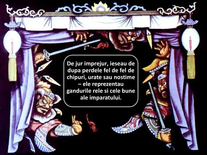 Imagine artistică cu personaje care ies din spatele unor perdele elaborate, reprezentând gândurile rele și bune ale împăratului.