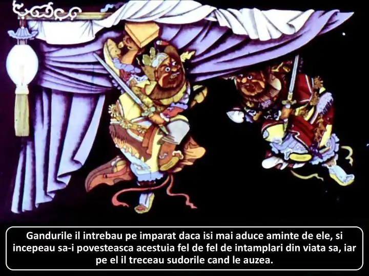 O ilustrație în care un împărat este întrebat de gânduri despre amintiri, în timp ce se povestesc întâmplări din viața sa.