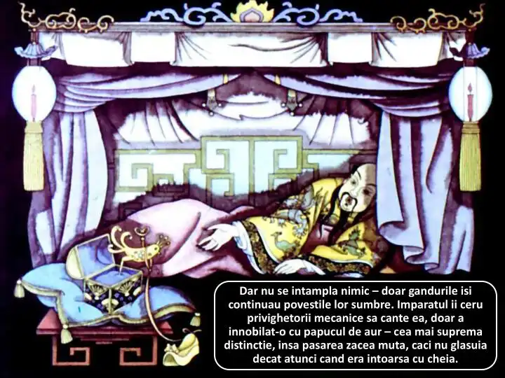 Ilustrație cu un împărat și o pasăre mută într-un decor tradițional, cu text descriptiv despre gândurile și poveștile împăratului.