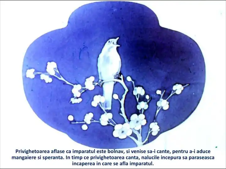 Ilustrație cu un păun pe fond albastru, acompaniată de un text literar despre un împărat bolnav și o privighetoare care cântă pentru a-i aduce speranță.