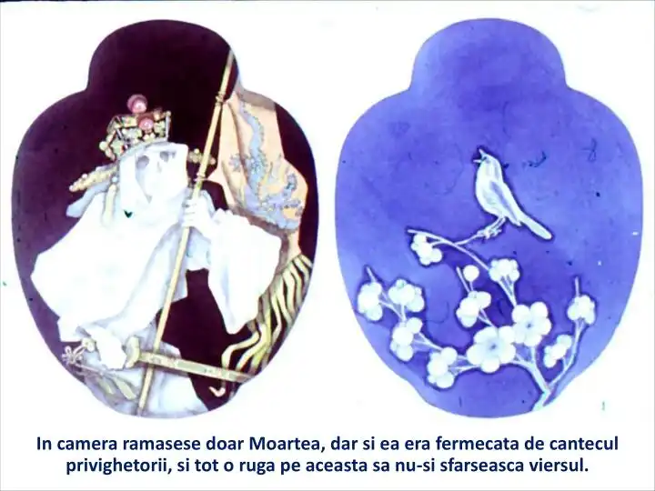 Imagine care prezinta doua scene artistice, una cu Moartea si cealalta cu un canar pe o ramura, insotita de un text descriptiv.