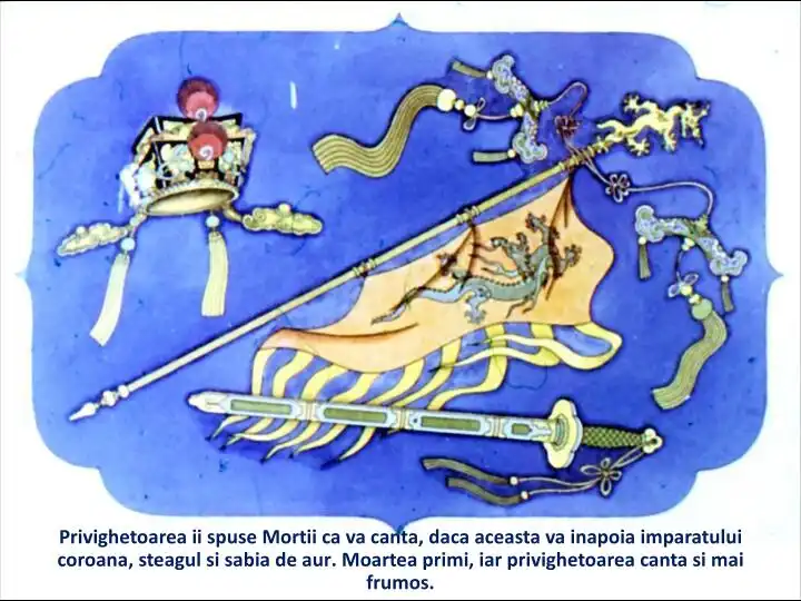 O ilustrație artistică care include o privighetoare, coroane, sabia și steagul, cu text descriptiv despre moarte și cântecul privighetoarei.