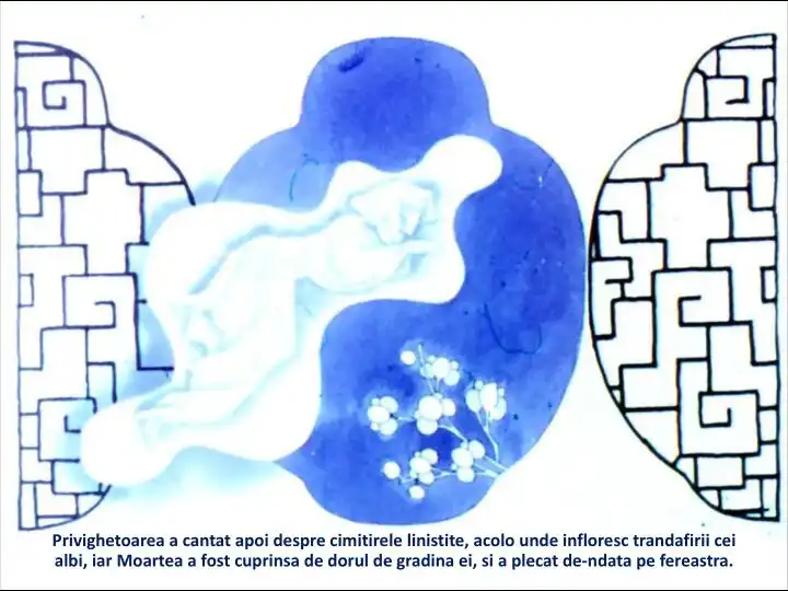 Text pe un fundal ilustrativ, care descrie privighetorea cântând despre cimitire liniștite.