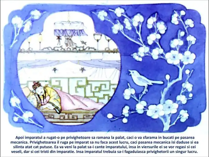 O ilustrare care prezintă un împărat și o privighetoare în contextul unei povești, cu detalii decorative și florale.