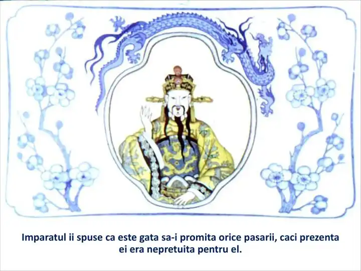 Ilustrație cu un împărat chinez care discută cu o pasăre, cu un dragon și flori în fundal.
