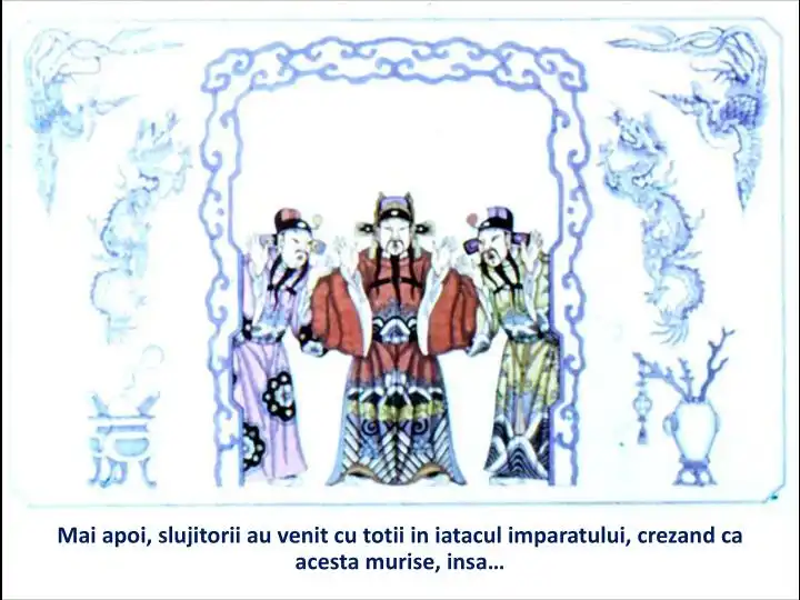 Ilustrație cu trei personaje îmbrăcate în costume tradiționale, prezentând un moment narativ.