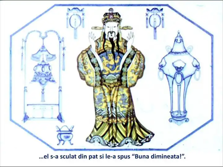 Imagine cu un personaj îmbrăcat în haine tradiționale, înconjurat de obiecte decorative, având un text deasupra care spune '...el s-a sclat din pat si le-a spus 'Buna dimineata!'.