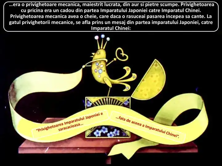 Imagine cu un text despre o privighetoare mecanică, subliniind conexiunea dintre Imparatul Japoniei și Imparatul Chinei.