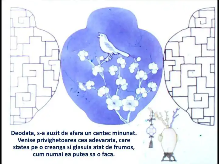 Imagine artistică cu un fundal albastru și elemente decorative, având un text referitor la un cântec minunat auzit din afară.