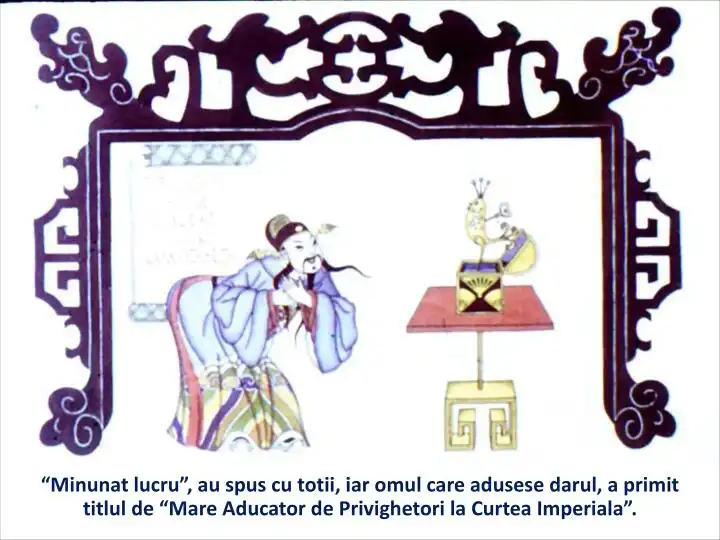 Ilustrație cu un personaj îmbrăcat în haine tradiționale, aflat în fața unei mese cu un obiect decorativ și un text scris în limba română.